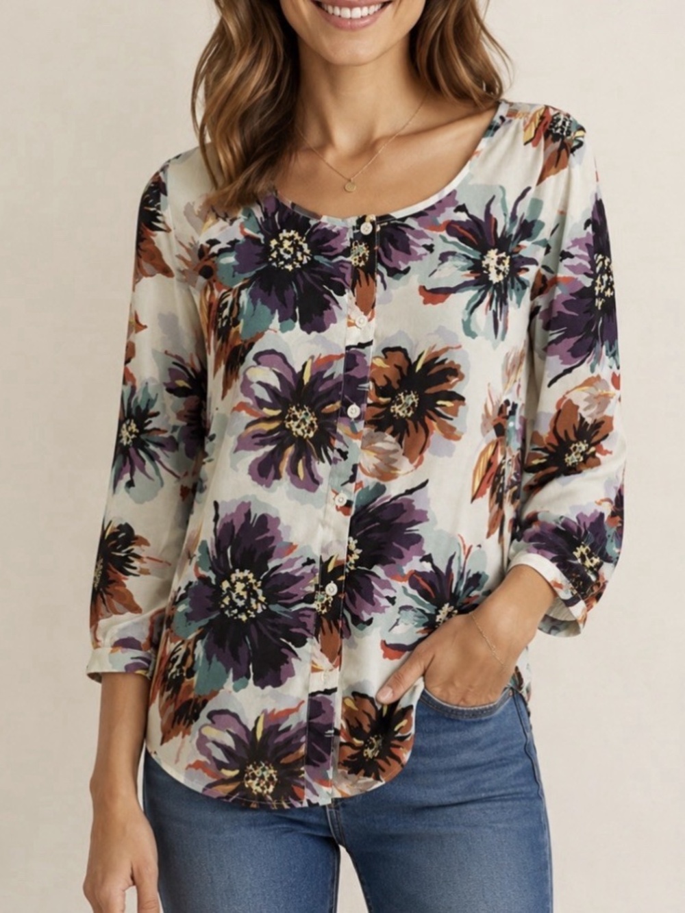 Lands End Women's Floral Button Blouse Cream Purple Orange Size 2 Office
